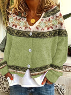 Knit Cardigan Women's Blue Aztec Pattern Button-Front V-Neck Sweater – Casual, Autumn, Office, Gift