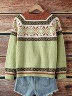 Knit Cardigan Women's Blue Aztec Pattern Button-Front V-Neck Sweater – Casual, Autumn, Office, Gift