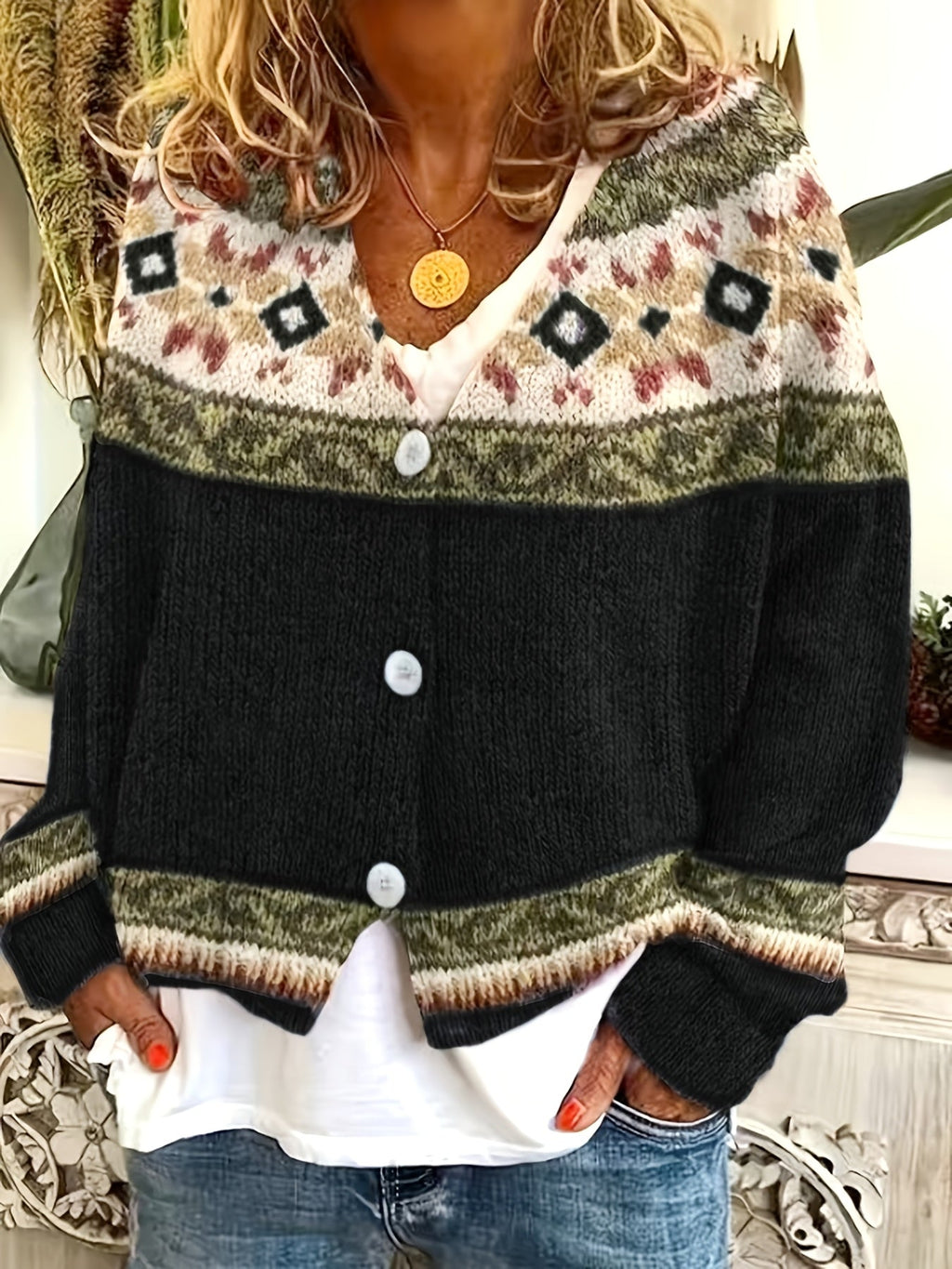 Knit Cardigan Women's Blue Aztec Pattern Button-Front V-Neck Sweater – Casual, Autumn, Office, Gift