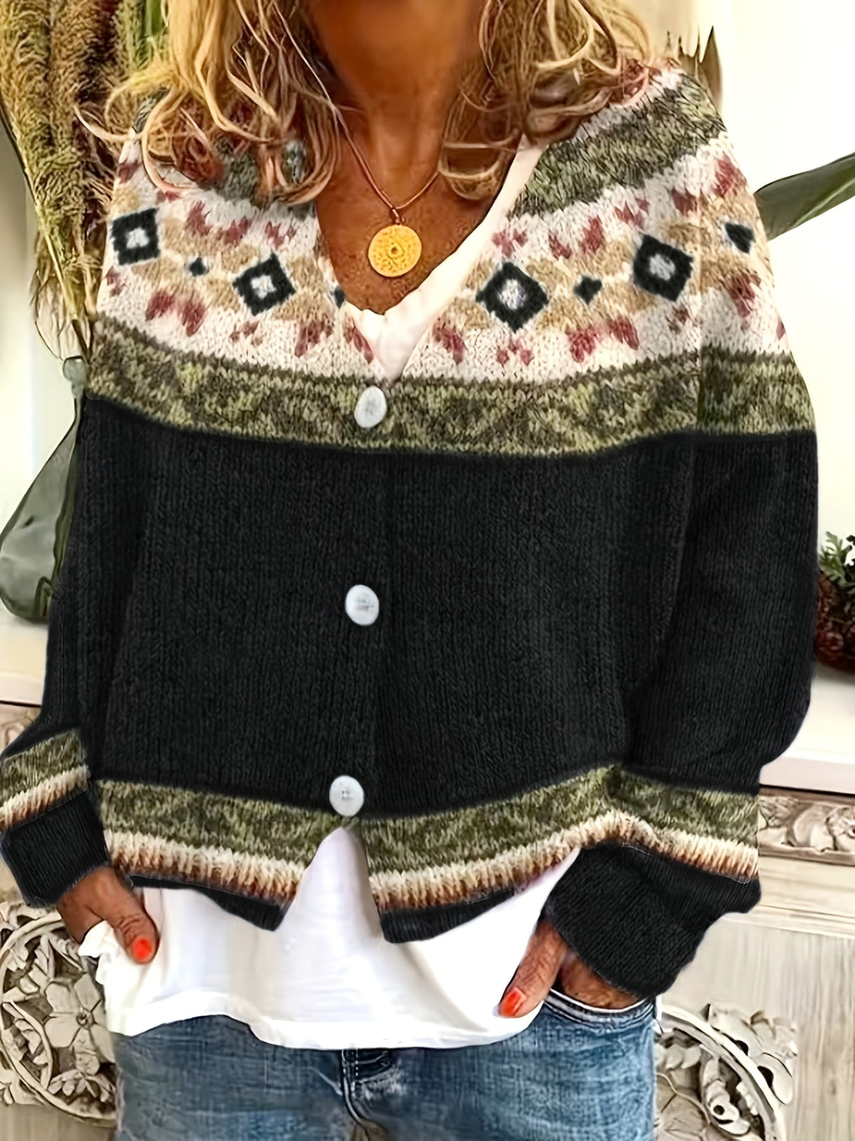 Knit Cardigan Women's Blue Aztec Pattern Button-Front V-Neck Sweater – Casual, Autumn, Office, Gift