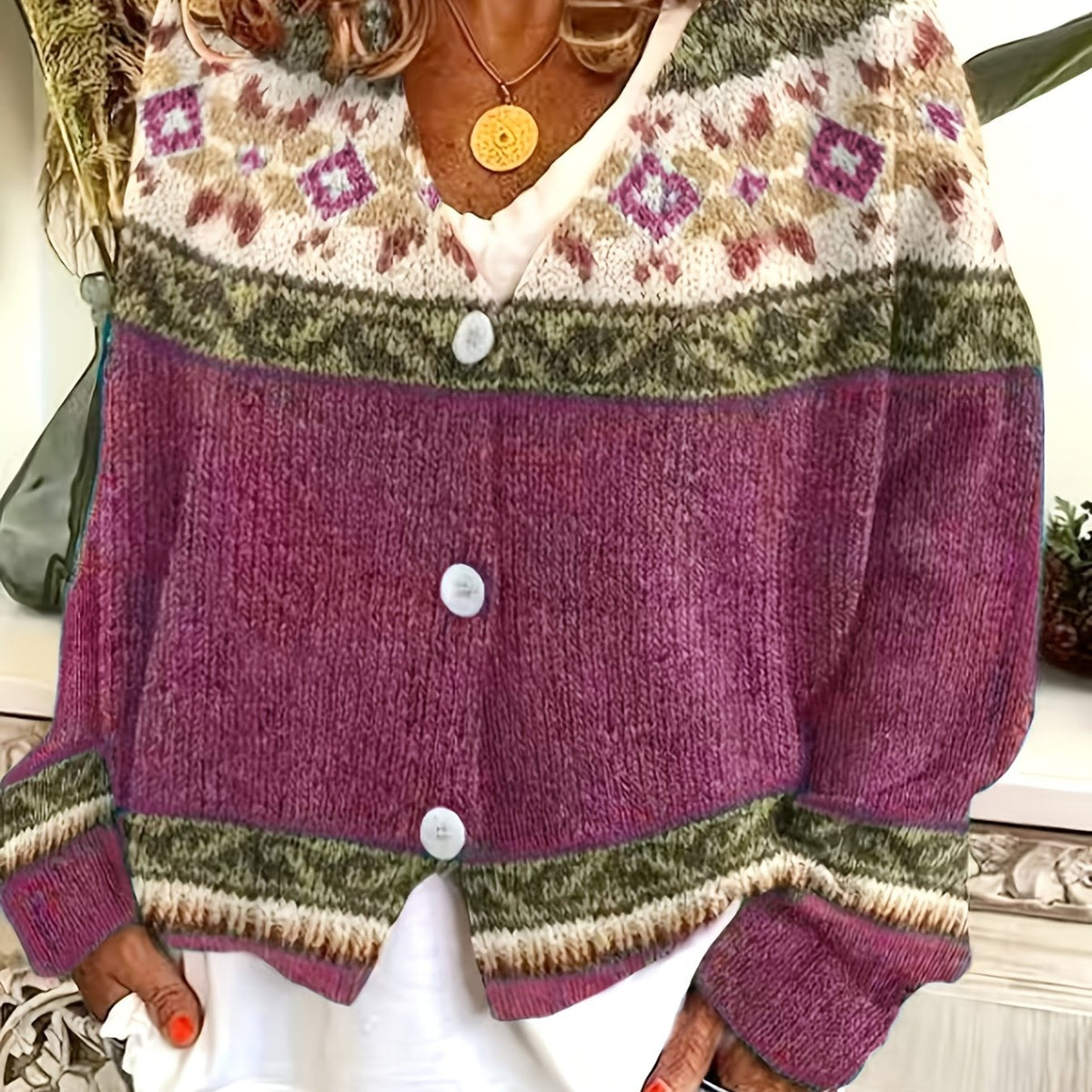 Knit Cardigan Women's Blue Aztec Pattern Button-Front V-Neck Sweater – Casual, Autumn, Office, Gift