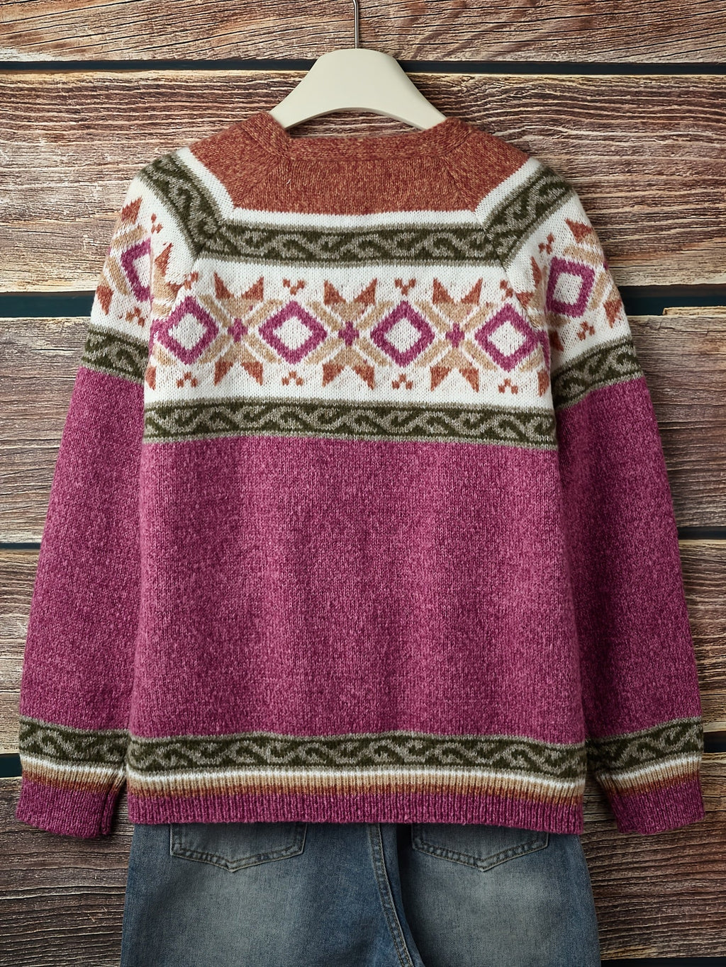 Knit Cardigan Women's Blue Aztec Pattern Button-Front V-Neck Sweater – Casual, Autumn, Office, Gift