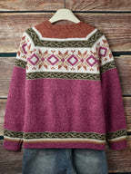 Knit Cardigan Women's Blue Aztec Pattern Button-Front V-Neck Sweater – Casual, Autumn, Office, Gift