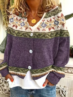 Knit Cardigan Women's Blue Aztec Pattern Button-Front V-Neck Sweater – Casual, Autumn, Office, Gift