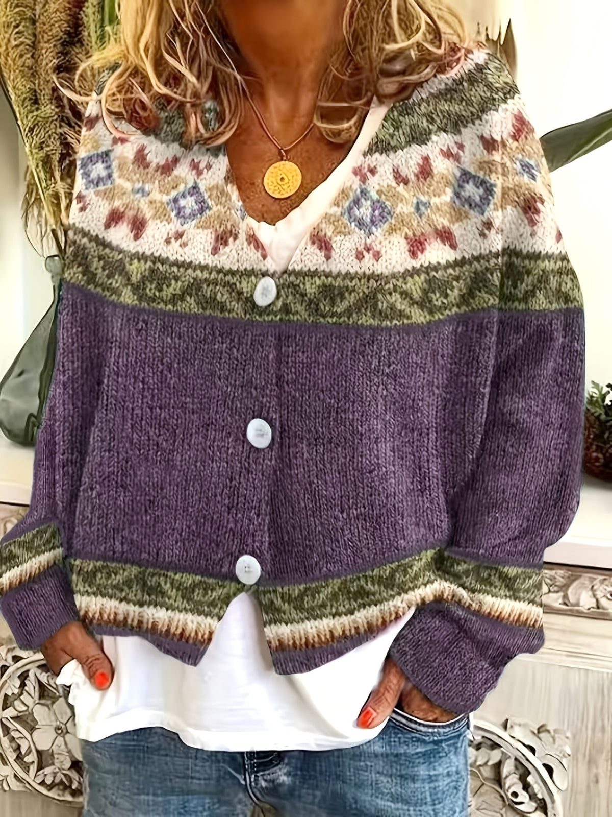 Knit Cardigan Women's Blue Aztec Pattern Button-Front V-Neck Sweater – Casual, Autumn, Office, Gift