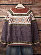 Knit Cardigan Women's Blue Aztec Pattern Button-Front V-Neck Sweater – Casual, Autumn, Office, Gift
