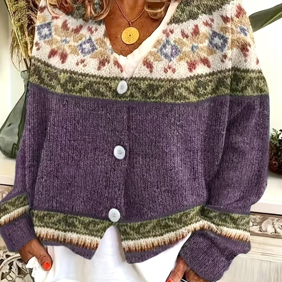 Knit Cardigan Women's Blue Aztec Pattern Button-Front V-Neck Sweater – Casual, Autumn, Office, Gift