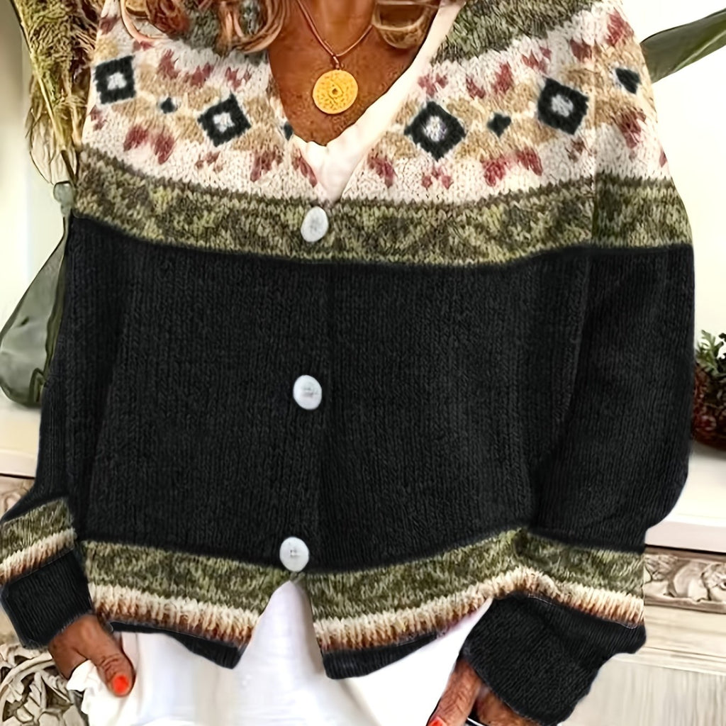 Knit Cardigan Women's Blue Aztec Pattern Button-Front V-Neck Sweater – Casual, Autumn, Office, Gift