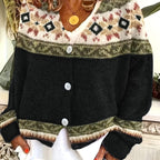 Knit Cardigan Women's Blue Aztec Pattern Button-Front V-Neck Sweater – Casual, Autumn, Office, Gift