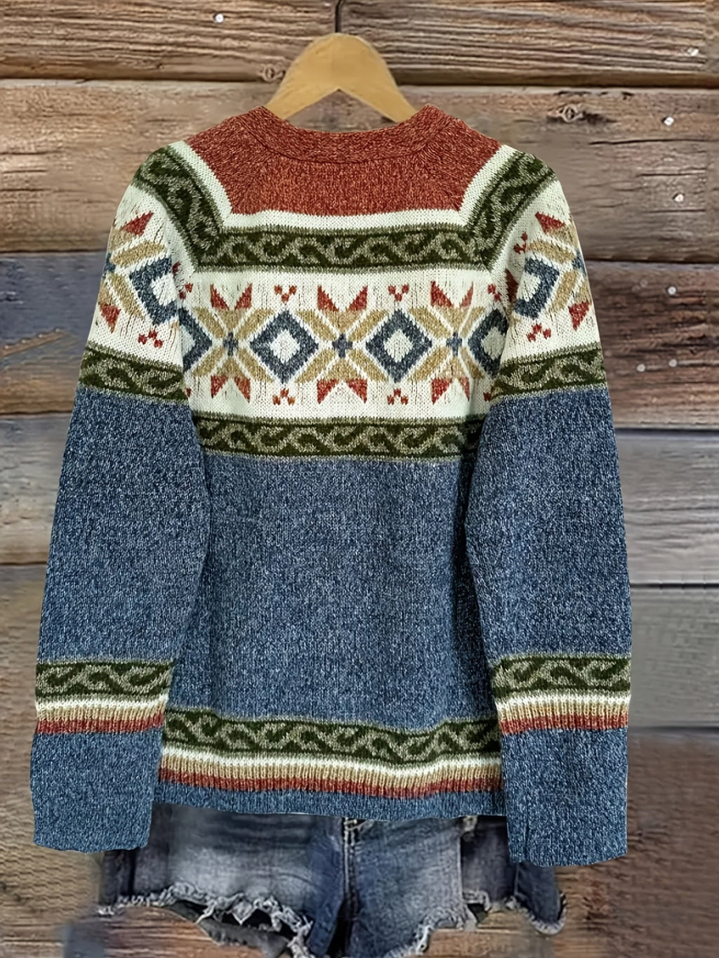 Knit Cardigan Women's Blue Aztec Pattern Button-Front V-Neck Sweater – Casual, Autumn, Office, Gift