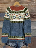 Knit Cardigan Women's Blue Aztec Pattern Button-Front V-Neck Sweater – Casual, Autumn, Office, Gift