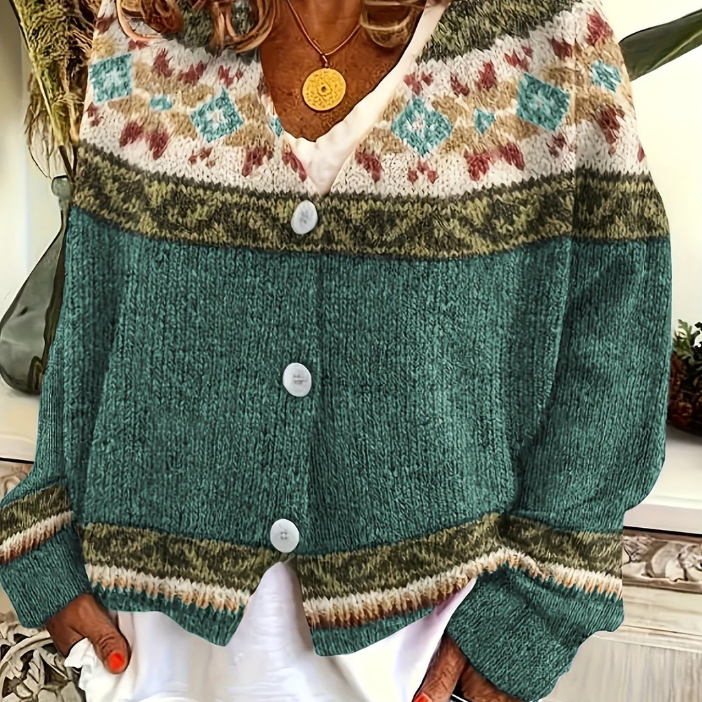 Knit Cardigan Women's Blue Aztec Pattern Button-Front V-Neck Sweater – Casual, Autumn, Office, Gift