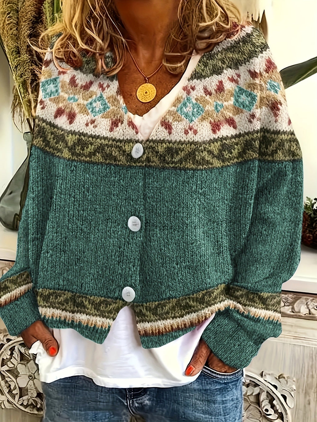 Knit Cardigan Women's Blue Aztec Pattern Button-Front V-Neck Sweater – Casual, Autumn, Office, Gift
