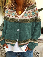 Knit Cardigan Women's Blue Aztec Pattern Button-Front V-Neck Sweater – Casual, Autumn, Office, Gift