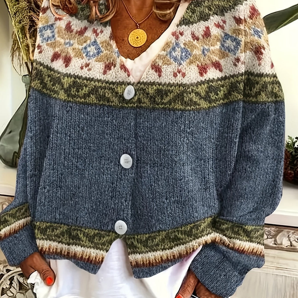 Knit Cardigan Women's Blue Aztec Pattern Button-Front V-Neck Sweater – Casual, Autumn, Office, Gift