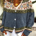 Knit Cardigan Women's Blue Aztec Pattern Button-Front V-Neck Sweater – Casual, Autumn, Office, Gift