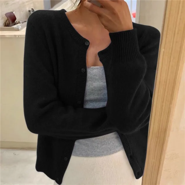Knit Cardigan Women's Grey Button-Front Round Neck Long Sleeve – Casual, Office, Layering, Gift