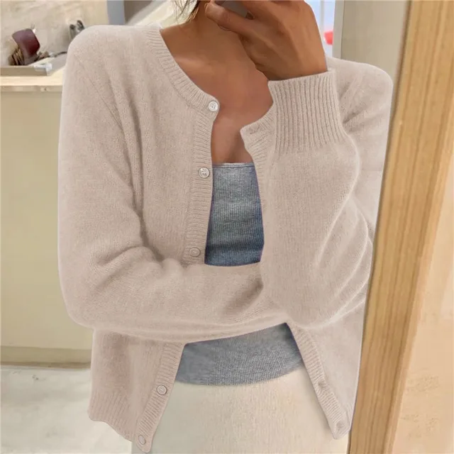Knit Cardigan Women's Grey Button-Front Round Neck Long Sleeve – Casual, Office, Layering, Gift