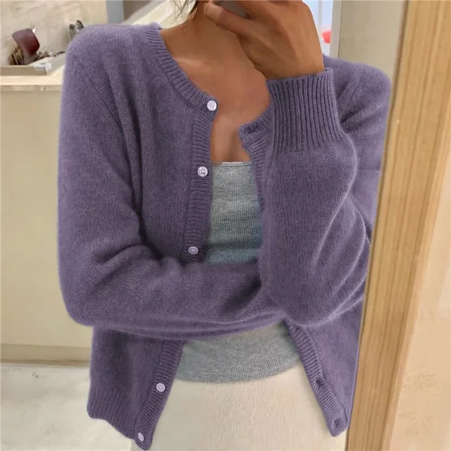 Knit Cardigan Women's Grey Button-Front Round Neck Long Sleeve – Casual, Office, Layering, Gift