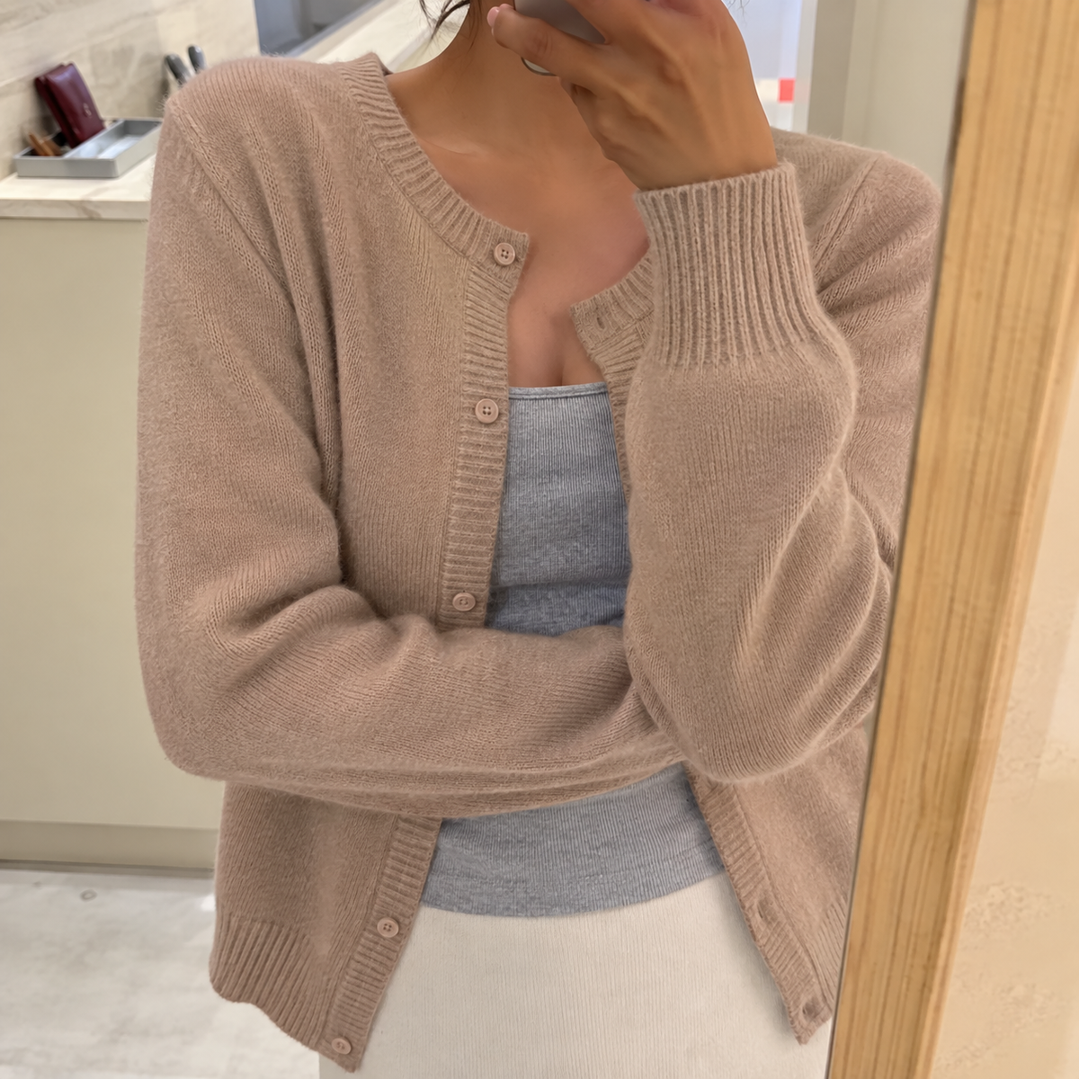 Knit Cardigan Women's Grey Button-Front Round Neck Long Sleeve – Casual, Office, Layering, Gift