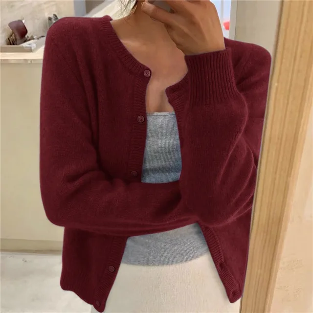 Knit Cardigan Women's Grey Button-Front Round Neck Long Sleeve – Casual, Office, Layering, Gift