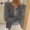 Knit Cardigan Women's Grey Button-Front Round Neck Long Sleeve – Casual, Office, Layering, Gift