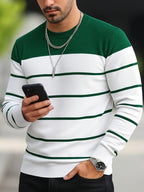 Knit Crewneck Jumper Striped White Blue Men's Long Sleeve Pullover – Casual, Office