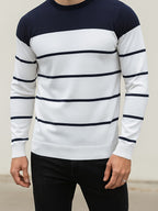 Knit Crewneck Jumper Striped White Blue Men's Long Sleeve Pullover – Casual, Office