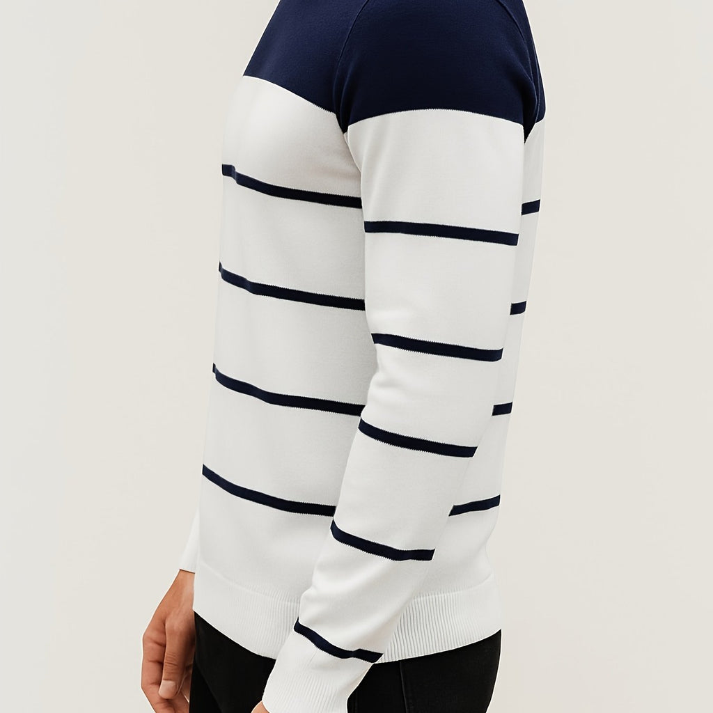 Knit Crewneck Jumper Striped White Blue Men's Long Sleeve Pullover – Casual, Office