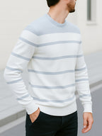 Knit Crewneck Jumper Striped White Blue Men's Long Sleeve Pullover – Casual, Office