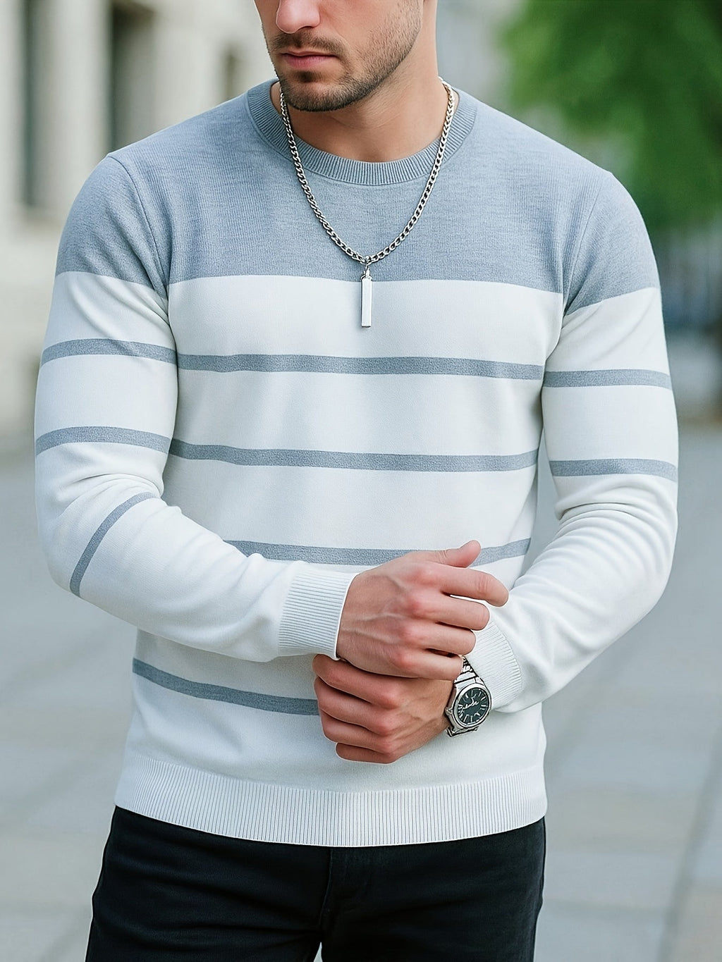 Knit Crewneck Jumper Striped White Blue Men's Long Sleeve Pullover – Casual, Office