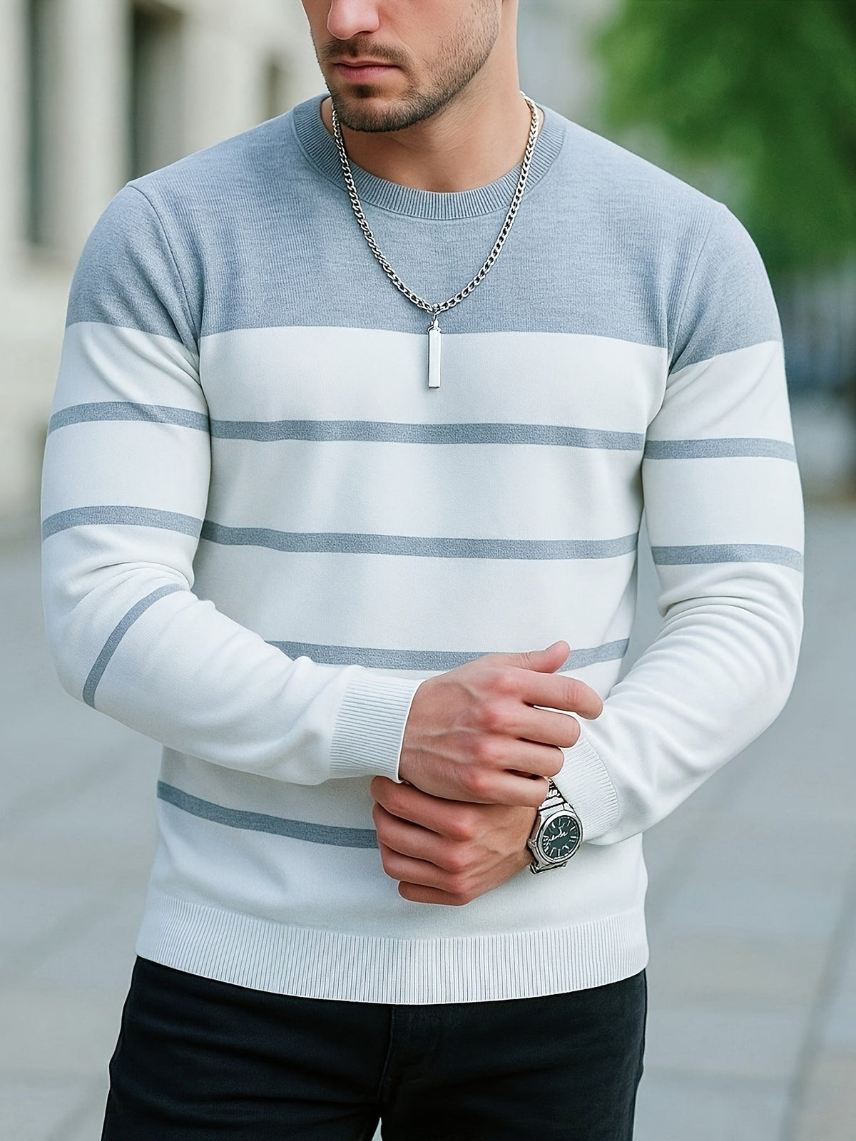 Knit Crewneck Jumper Striped White Blue Men's Long Sleeve Pullover – Casual, Office