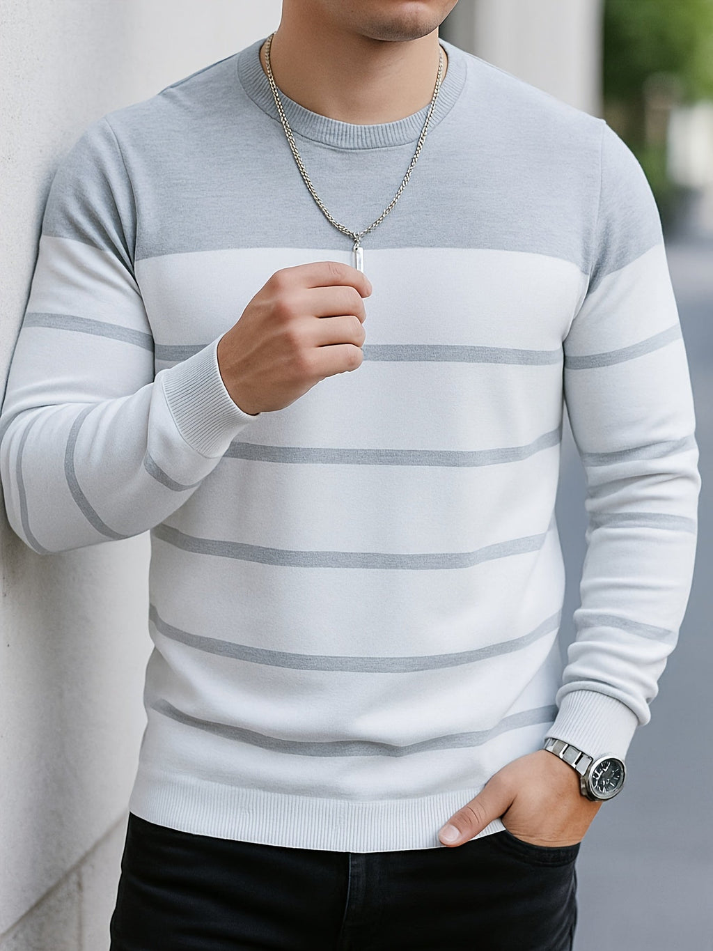 Knit Crewneck Jumper Striped White Blue Men's Long Sleeve Pullover – Casual, Office