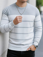 Knit Crewneck Jumper Striped White Blue Men's Long Sleeve Pullover – Casual, Office