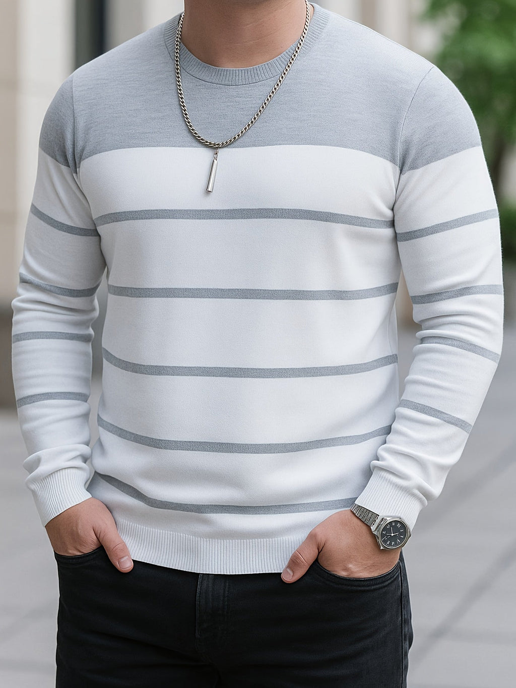 Knit Crewneck Jumper Striped White Blue Men's Long Sleeve Pullover – Casual, Office
