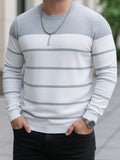 Knit Crewneck Jumper Striped White Blue Men's Long Sleeve Pullover – Casual, Office