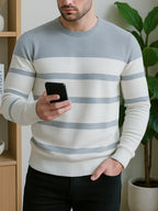 Knit Crewneck Jumper Striped White Blue Men's Long Sleeve Pullover – Casual, Office