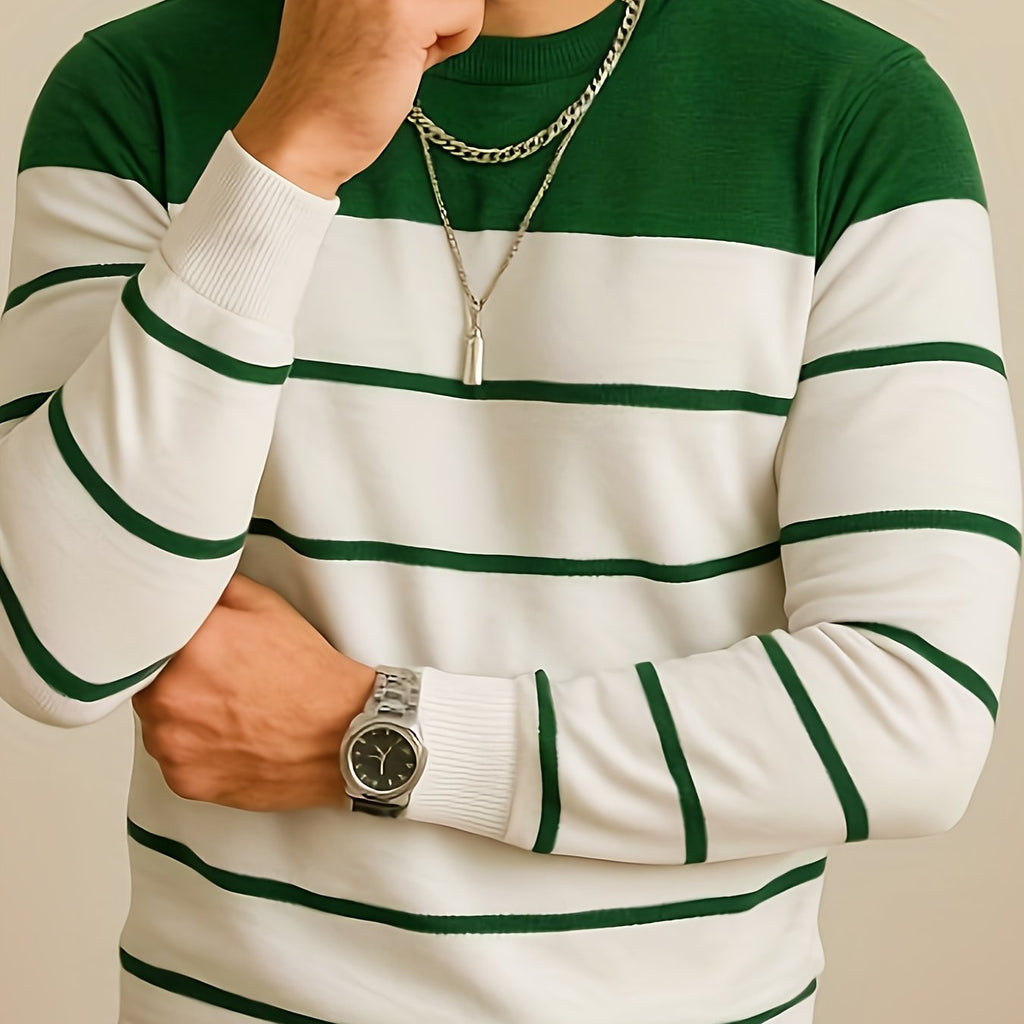 Knit Crewneck Jumper Striped White Blue Men's Long Sleeve Pullover – Casual, Office
