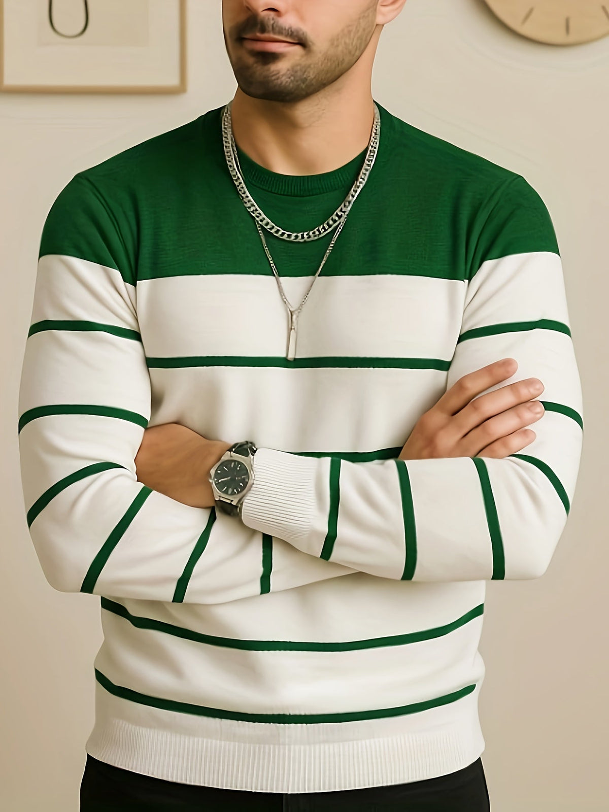 Knit Crewneck Jumper Striped White Blue Men's Long Sleeve Pullover – Casual, Office