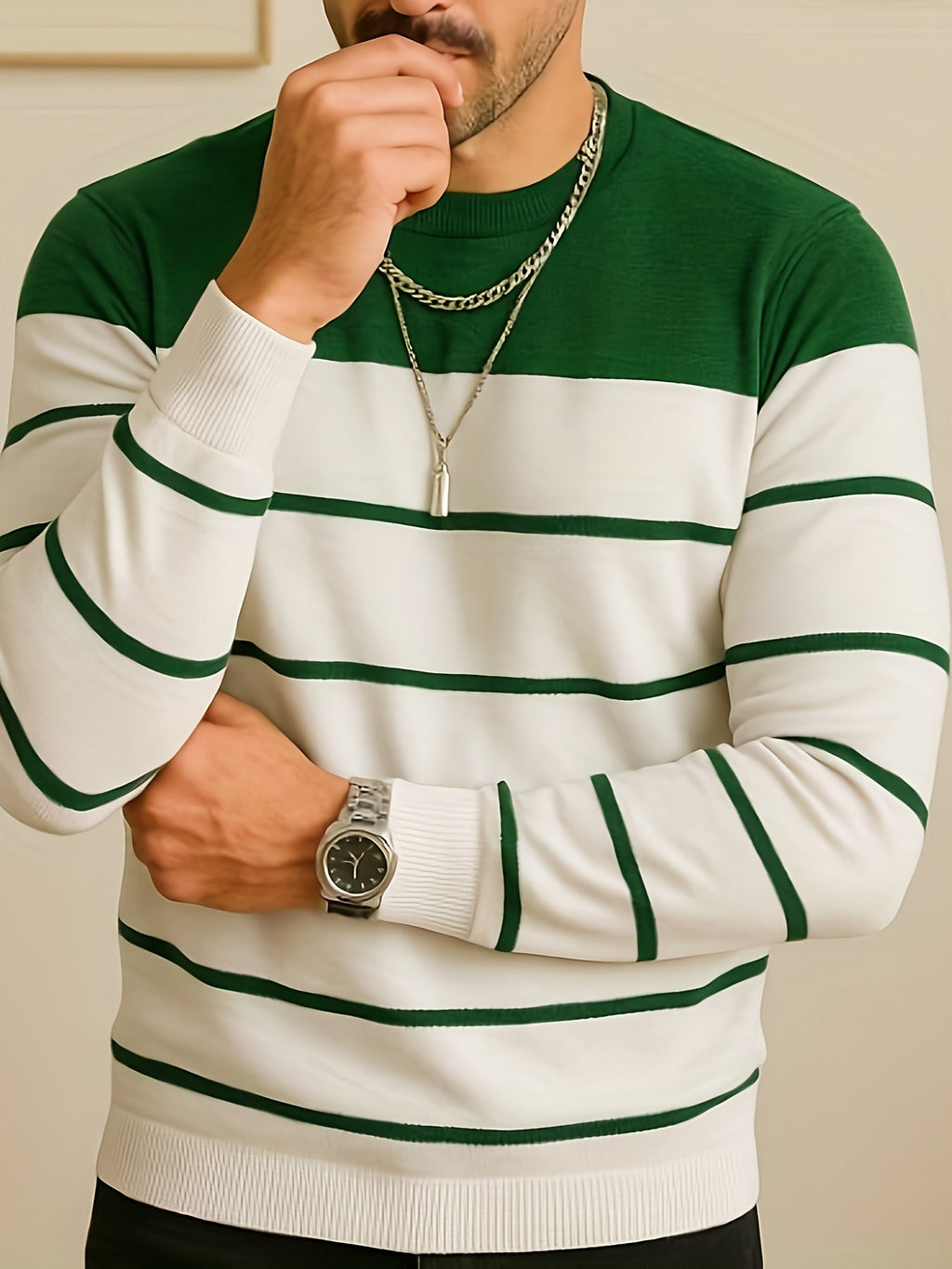 Knit Crewneck Jumper Striped White Blue Men's Long Sleeve Pullover – Casual, Office