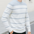 Knit Crewneck Jumper Striped White Blue Men's Long Sleeve Pullover – Casual, Office