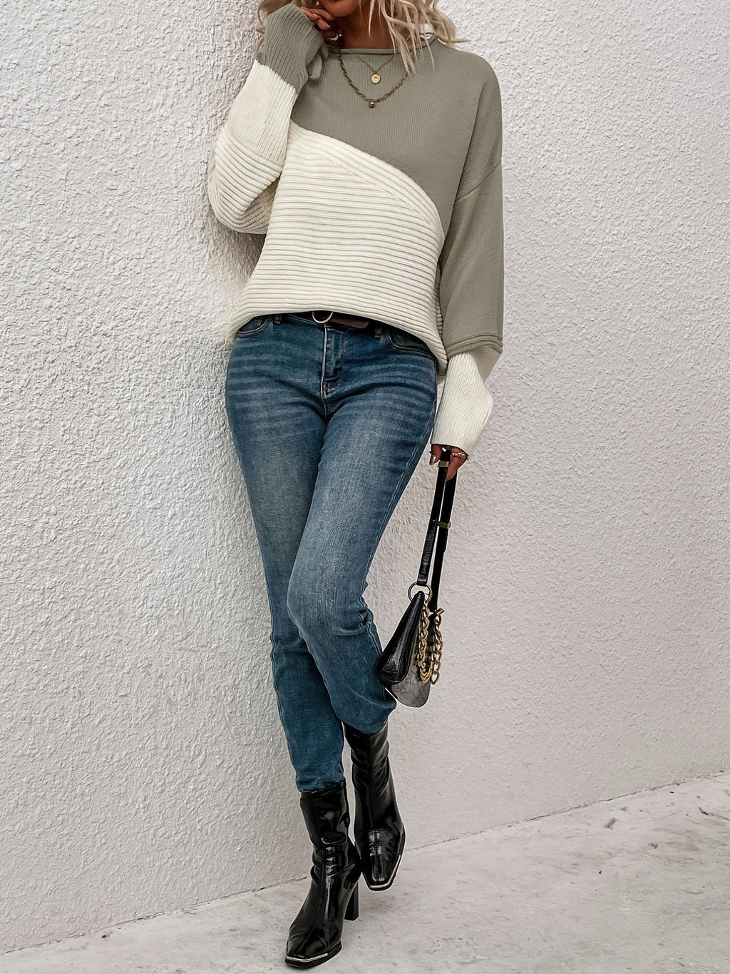 Knit Jumper Colour Block Ribbed Women's High Neck Oversized Pullover – Casual, Office, Holiday, Gift