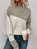 Knit Jumper Colour Block Ribbed Women's High Neck Oversized Pullover – Casual, Office, Holiday, Gift