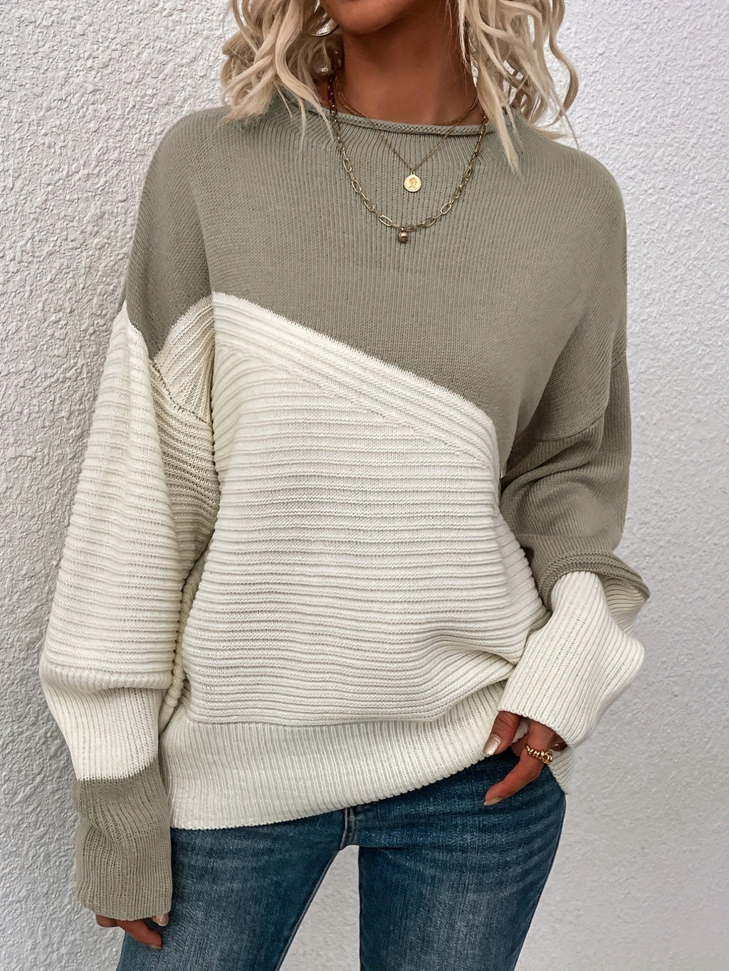Knit Jumper Colour Block Ribbed Women's High Neck Oversized Pullover – Casual, Office, Holiday, Gift