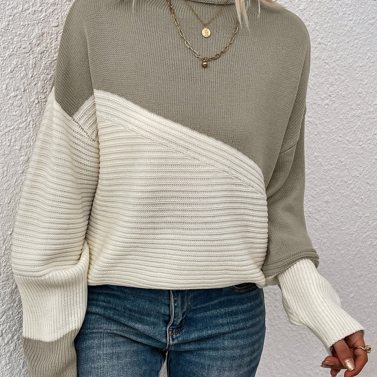 Knit Jumper Colour Block Ribbed Women's High Neck Oversized Pullover – Casual, Office, Holiday, Gift