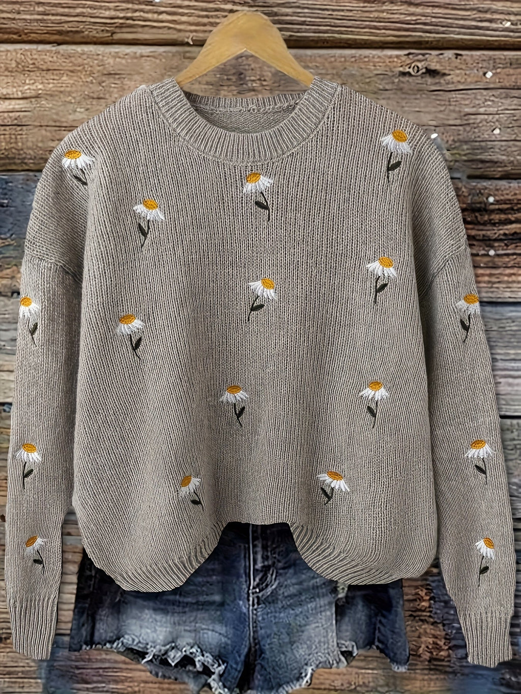 Knit Jumper Daisy Floral Embroidered Long Sleeve Crew Neck Women's – Casual, Office, Autumn Layering