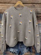 Knit Jumper Daisy Floral Embroidered Long Sleeve Crew Neck Women's – Casual, Office, Autumn Layering