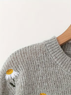 Knit Jumper Daisy Floral Embroidered Long Sleeve Crew Neck Women's – Casual, Office, Autumn Layering