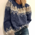 Knit Jumper Fair Isle Pattern Blue Women's Chunky Sweater – Casual, Winter Warm Everyday Wear
