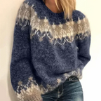 Knit Jumper Fair Isle Pattern Blue Women's Chunky Sweater – Casual, Winter Warm Everyday Wear